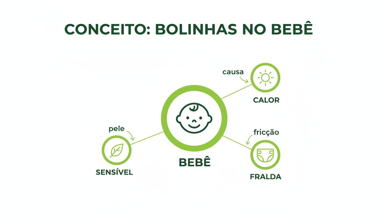 Diagrama conceitual explicando as causas de bolinhas no bebê: pele sensível, calor e fricção da fralda.