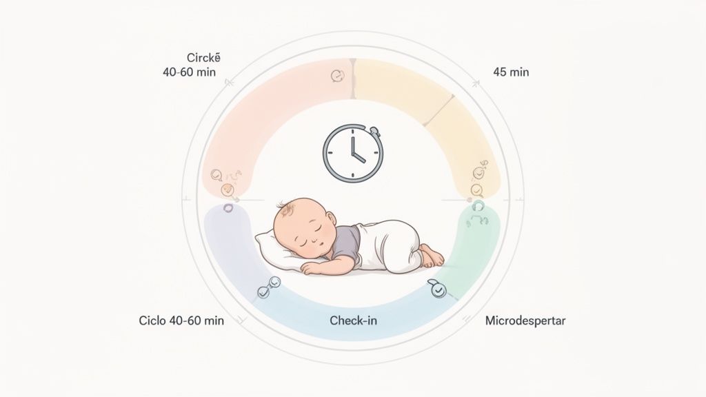 Diagrama circular do ciclo de sono de um bebê, mostrando as fases de sono e microdespertares ao longo do tempo.