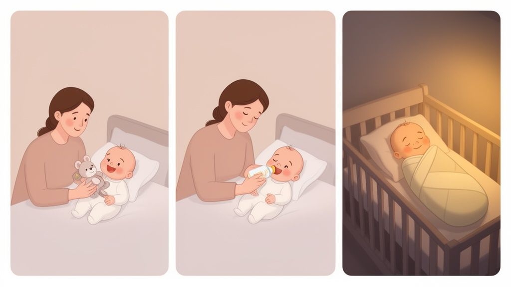 Mãe cuidando do bebê: brincando com ursinho, dando mamadeira e bebê dormindo tranquilamente no berço.