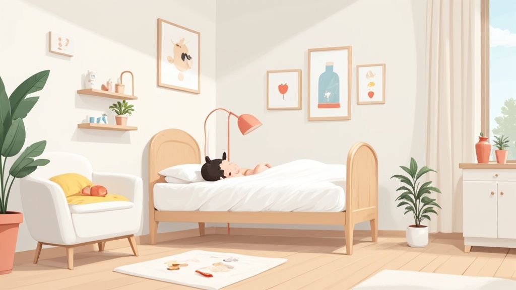 Bebê dormindo tranquilamente em um berço de madeira em um quarto infantil claro e minimalista.