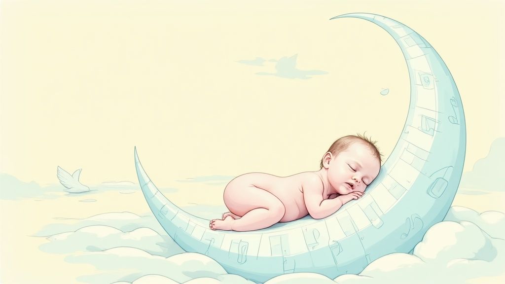 Bebê tranquilo dormindo profundamente em uma lua crescente azul com notas musicais, rodeado por nuvens fofas e um pássaro.