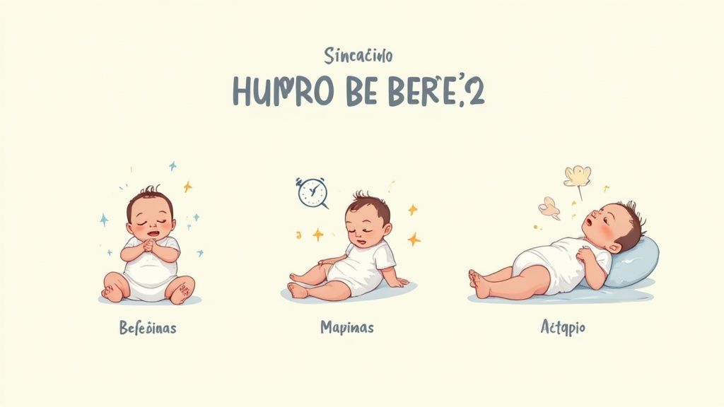 Ilustrações de um bebê em três estados: feliz e acordado, sonolento e dormindo tranquilamente com um travesseiro.