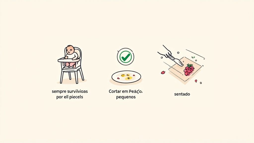Bebê na cadeira alta, com comida cortada em pedaços pequenos para alimentação segura e supervisionada.
