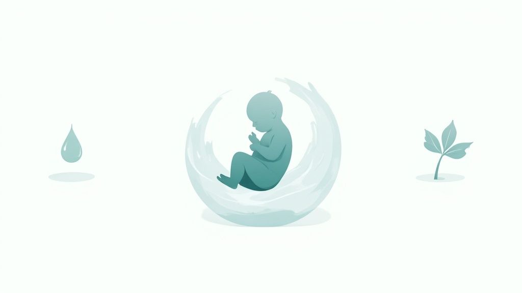 Ilustração minimalista de uma gota de água, um bebê em um berço de água e uma planta pequena. Simboliza a vida e o crescimento.