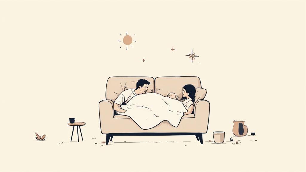Ilustração minimalista de um casal e um bebê enrolados em um cobertor no sofá, em um ambiente calmo.