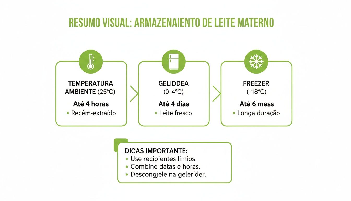 Resumo visual sobre o armazenamento de leite materno: temperatura ambiente, geladeira e freezer, com dicas importantes.