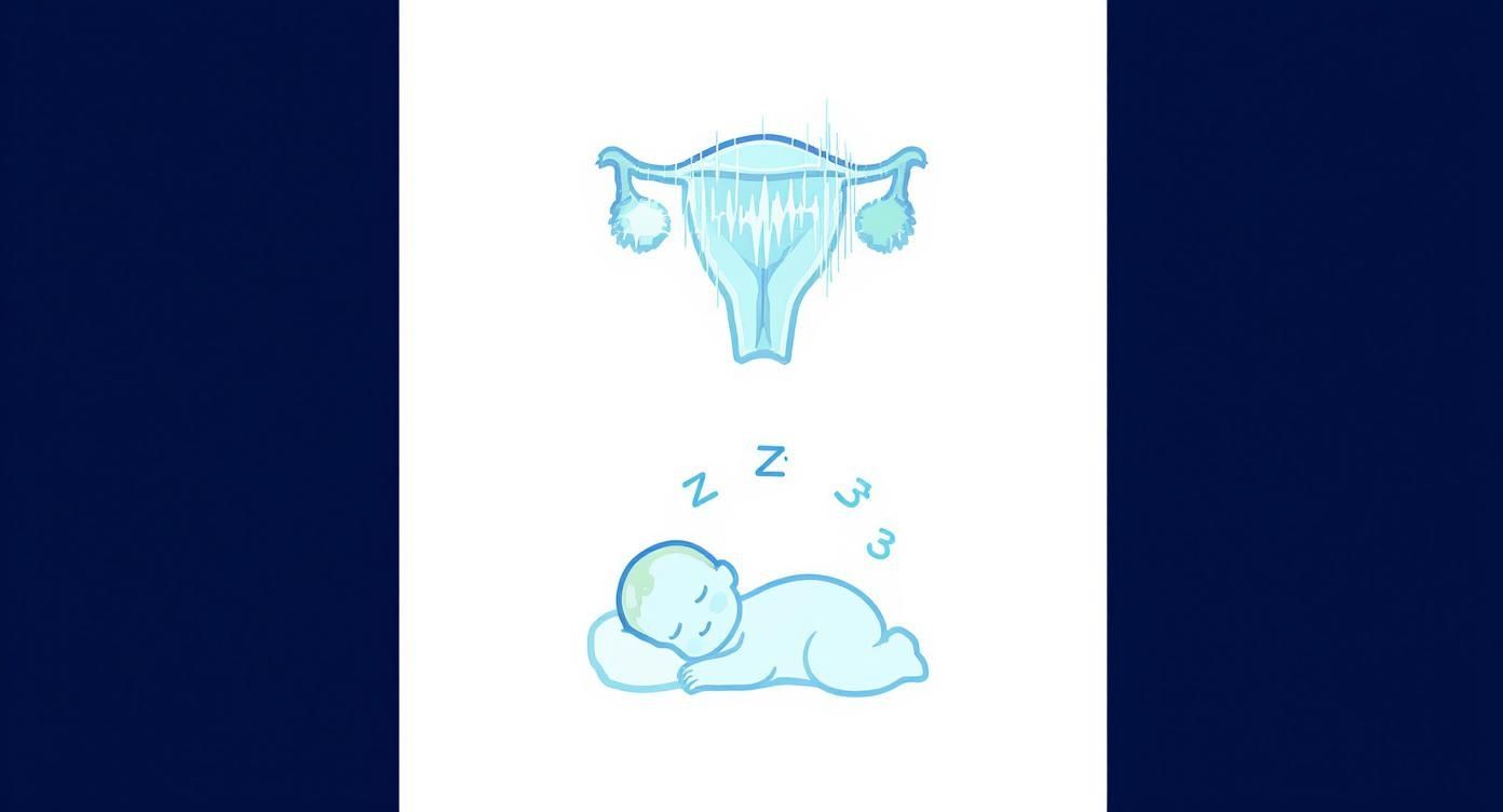 Imagem ilustra um útero azul estilizado com ondas sonoras e um bebê dormindo tranquilamente com ruído branco.