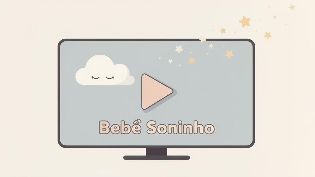 Monitor exibe nuvem sonolenta, botão de play e texto 'Bebê Soninho', com estrelas flutuantes ao redor. Cena calma para bebês.