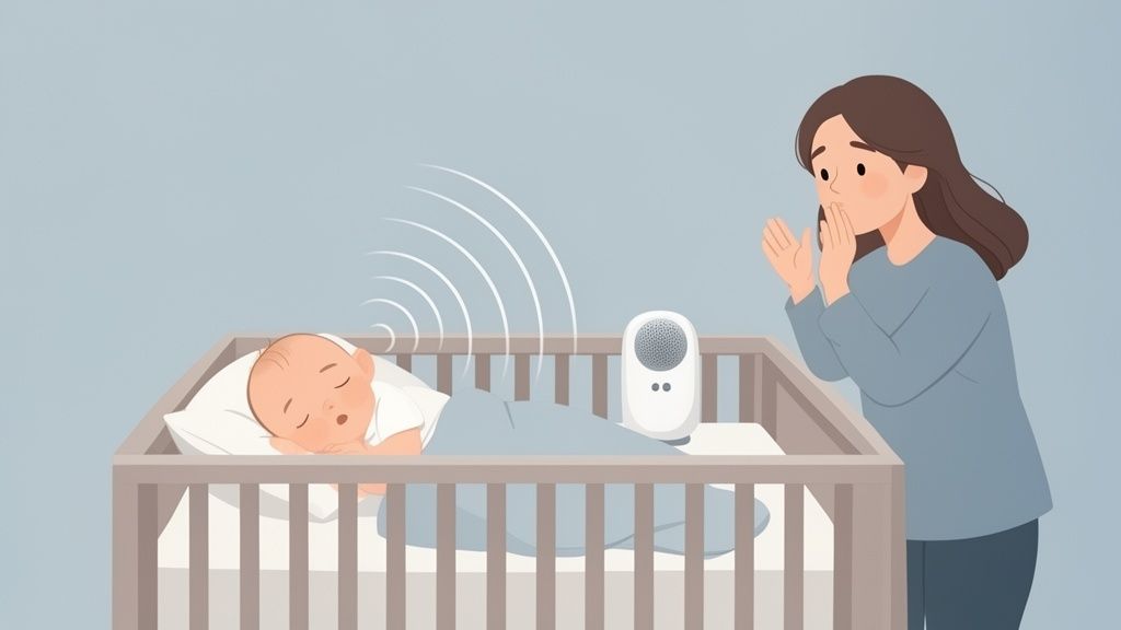 Bebê dormindo tranquilamente no berço com um monitor, enquanto a mãe observa em silêncio.