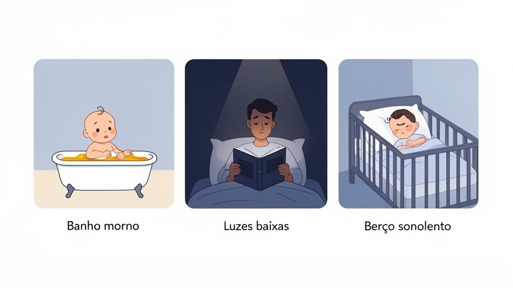 Três ilustrações mostrando uma rotina de sono: bebê no banho morno, adulto lendo com luz baixa e bebê dormindo no berço.