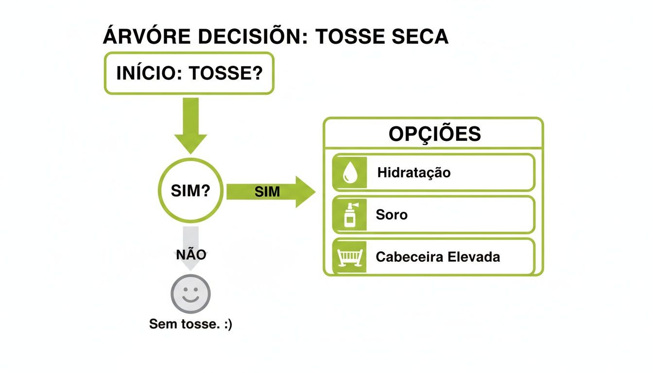 Fluxograma simples para tosse seca infantil, mostrando opções como hidratação, soro e cabeceira elevada.