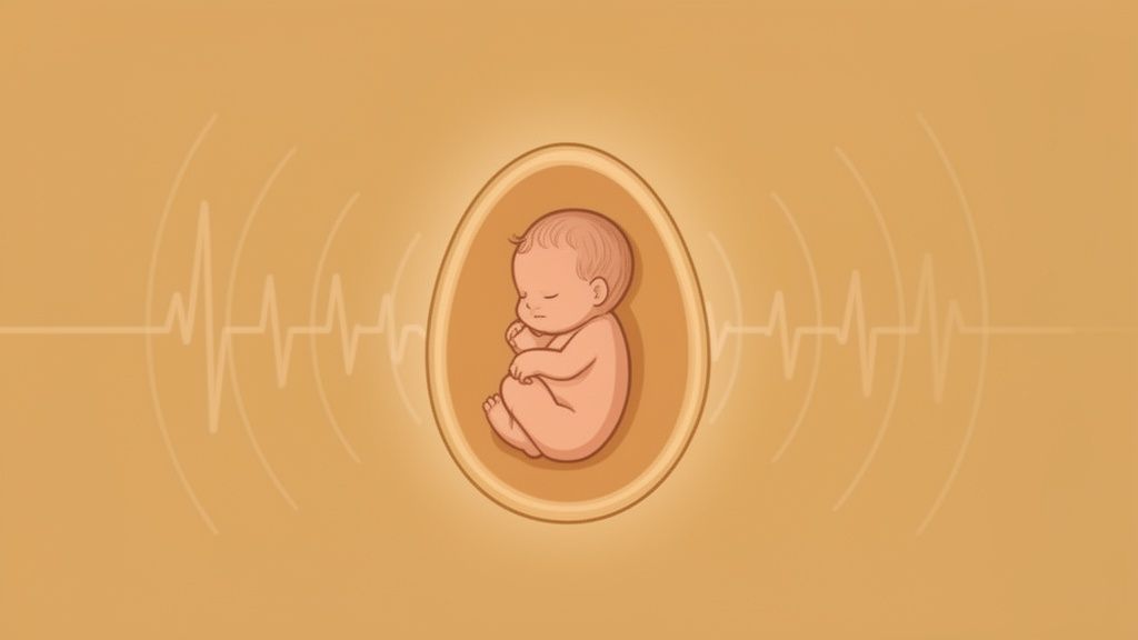 Desenho de bebê dormindo serenamente dentro de um útero, com ondas sonoras e batimentos cardíacos ao redor.