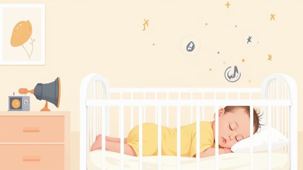 Um bebê dormindo tranquilamente em um berço branco com notas musicais e sons suaves ao redor.