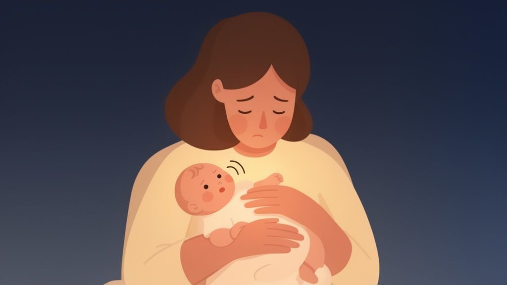 Mãe com expressão de preocupação e cansaço segura bebê que tosse ou chora no escuro.