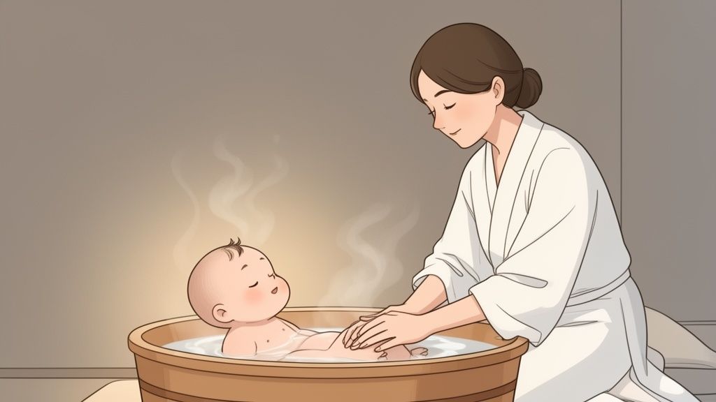 Mulher em roupão branco dá banho gentilmente em bebê em banheira de madeira com vapor.