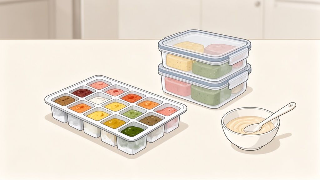 Diversos purês de comida para bebê em bandeja de gelo e recipientes de armazenamento, com uma tigela e colher.