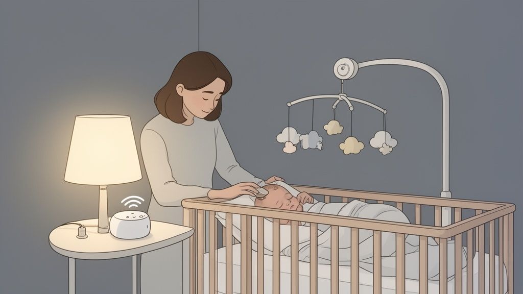 Mãe carinhosamente toca o bebê adormecido no berço, com luminária suave e dispositivo de som.