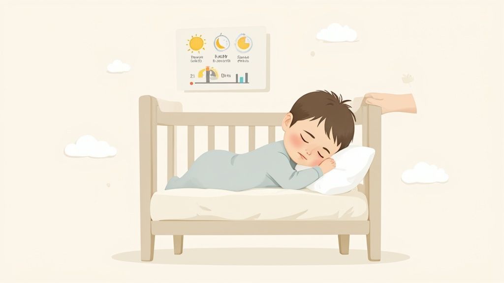 Bebê dormindo tranquilamente em seu berço de madeira, com monitor de sono na parede e nuvens decorativas.