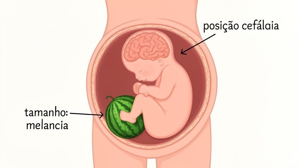 Ilustração de feto no útero em posição cefálica, com referência ao tamanho de uma melancia.