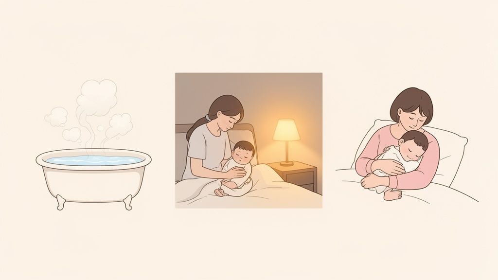 Uma banheira com vapor e duas mães segurando seus bebês, ilustrando métodos para acalmar e fazer o bebê dormir.