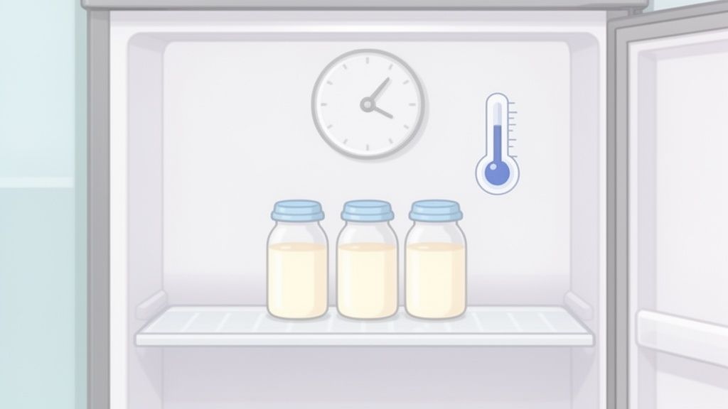 Geladeira aberta com três mamadeiras de leite materno, um relógio e um termômetro para controle de tempo e temperatura.