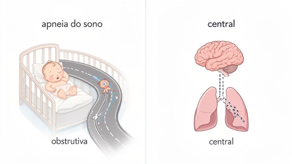 Ilustração didática da apneia do sono, mostrando tipos obstrutiva com bebê e central com cérebro e pulmões.