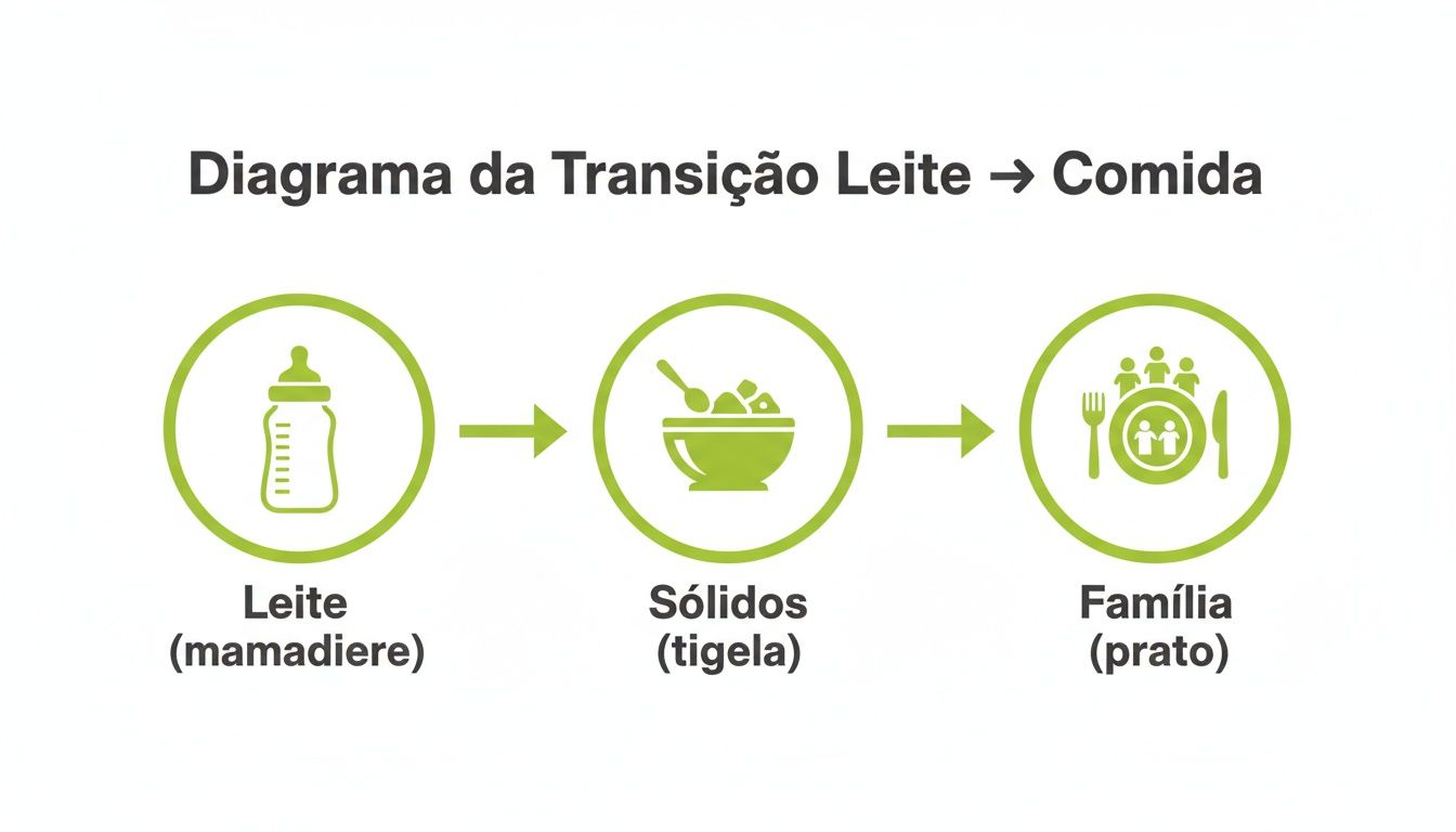 Diagrama detalhado da transição alimentar do bebê, mostrando as fases do leite na mamadeira, sólidos na tigela e refeições em família no prato.