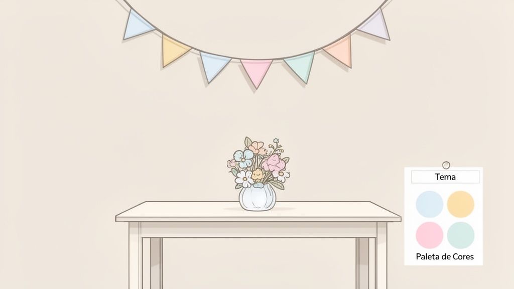 Imagem de um cenário decorado com uma guirlanda de bandeirinhas, um vaso de flores na mesa e opções de paleta de cores.