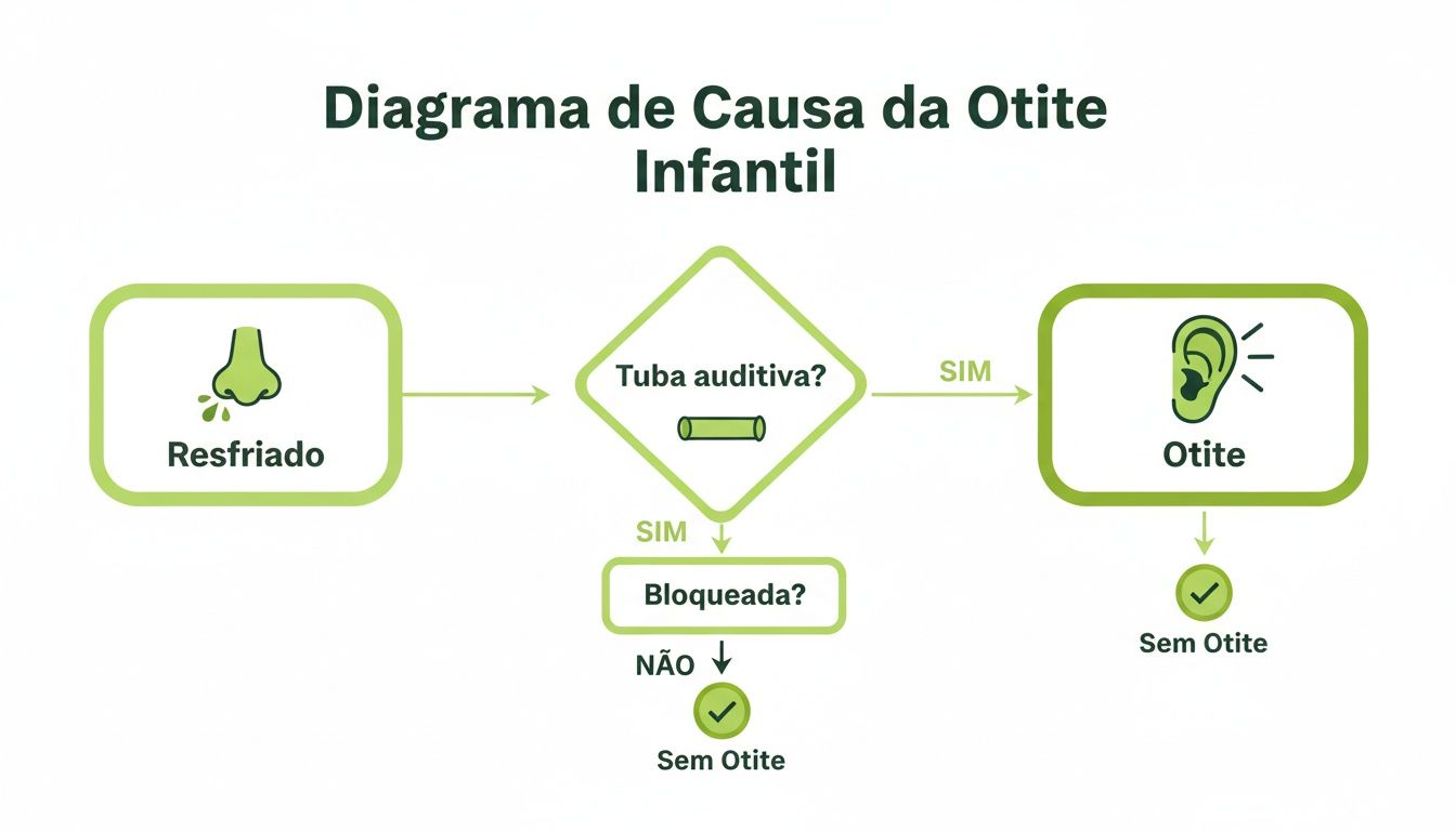 Fluxograma da causa da otite infantil: um resfriado pode levar à otite se a tuba auditiva estiver bloqueada.