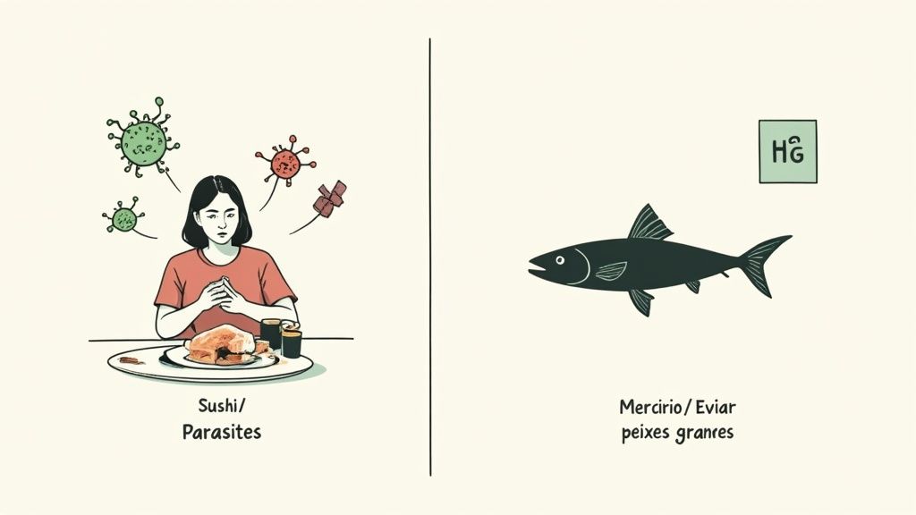 Desenho compara riscos de comer sushi (parasitas) e peixes grandes (mercúrio). Uma mulher contempla os riscos.