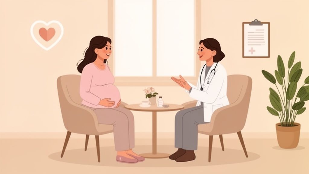 Mulher grávida sorrindo em consulta com médica, em ambiente de apoio e cuidado pré-natal.