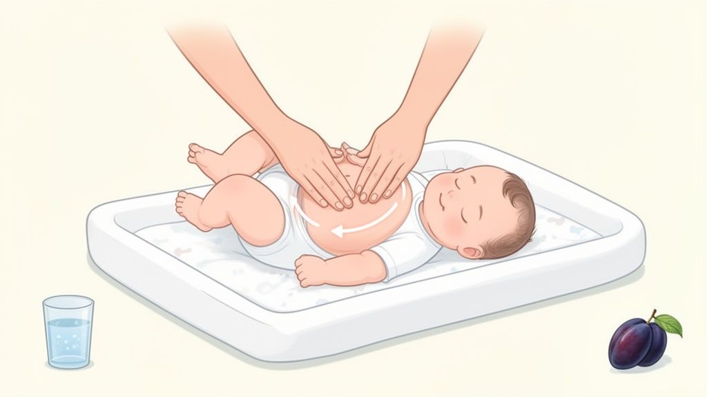 Mãos massageando a barriga de um bebê feliz deitado em um trocador, com água e ameixas.