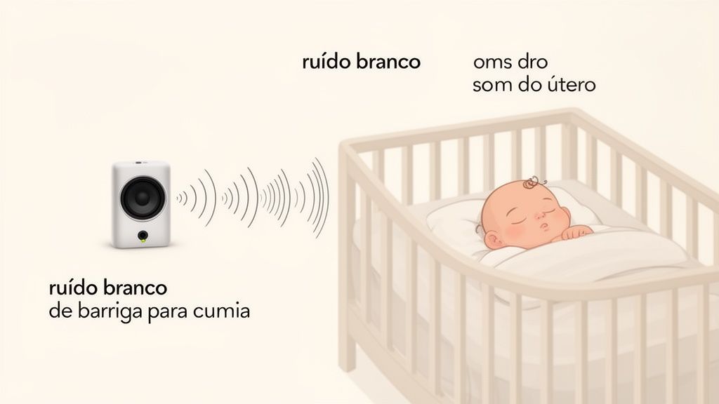 Bebê dormindo tranquilamente em um berço enquanto um alto-falante reproduz ruído branco, imitando o som do útero.