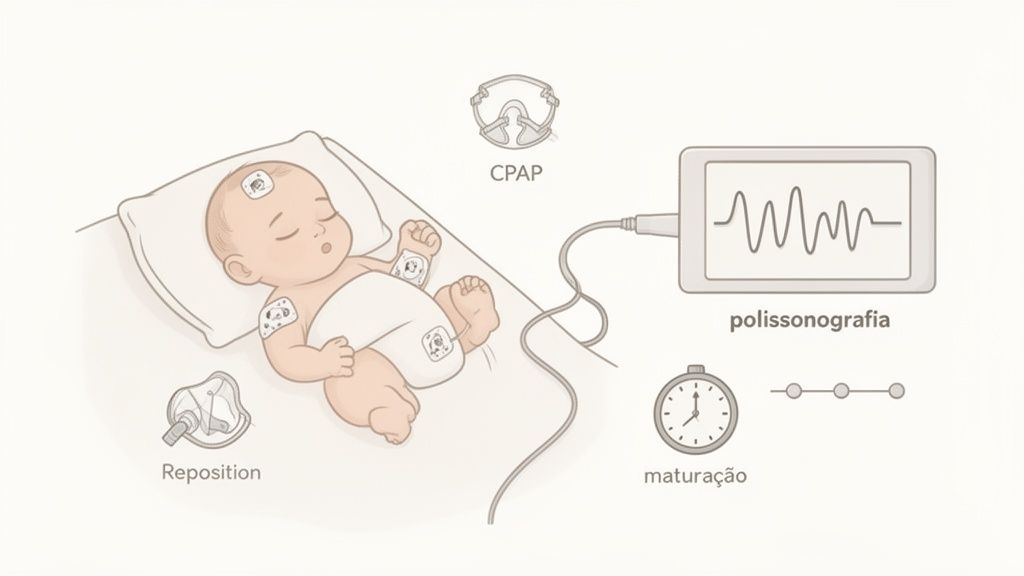Bebê dormindo com sensores de polissonografia, monitorado para apneia do sono e desenvolvimento. CPAP e reposicionamento são opções.