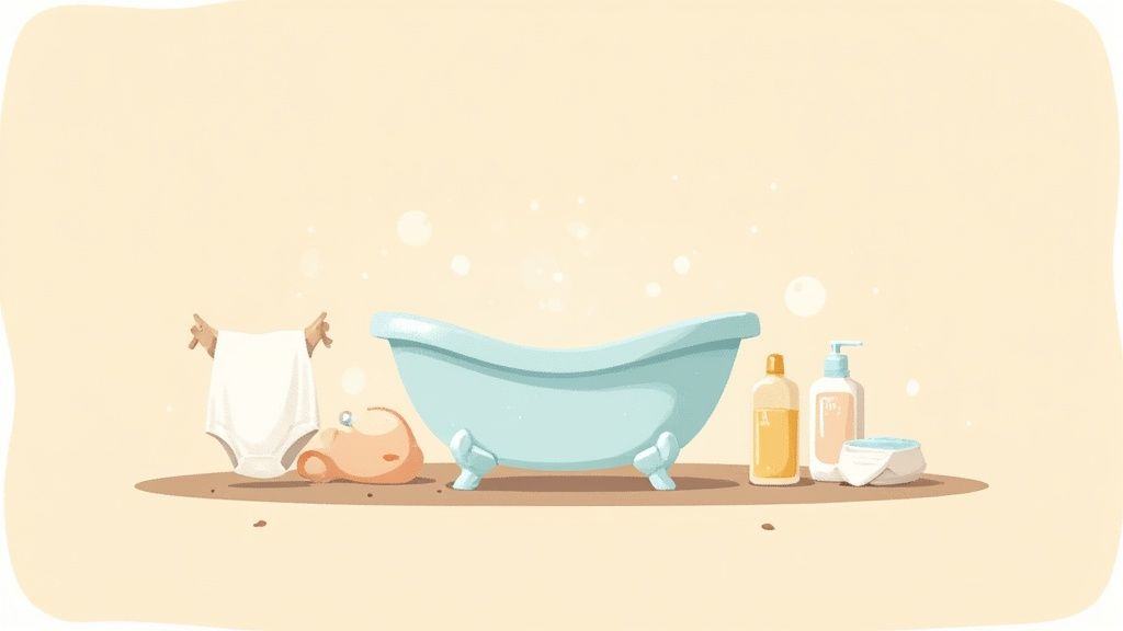 Cena de banho de bebê com banheira azul, produtos de higiene e uma fralda em um varal.