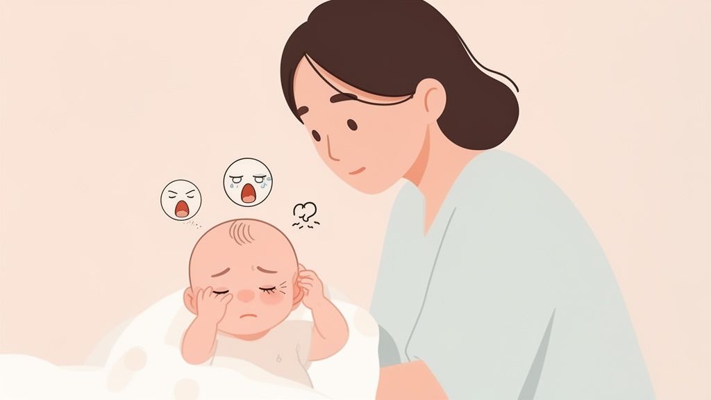 Mãe olha para bebê chorando e desconfortável, com ícones de choro e frustração sobre ele.