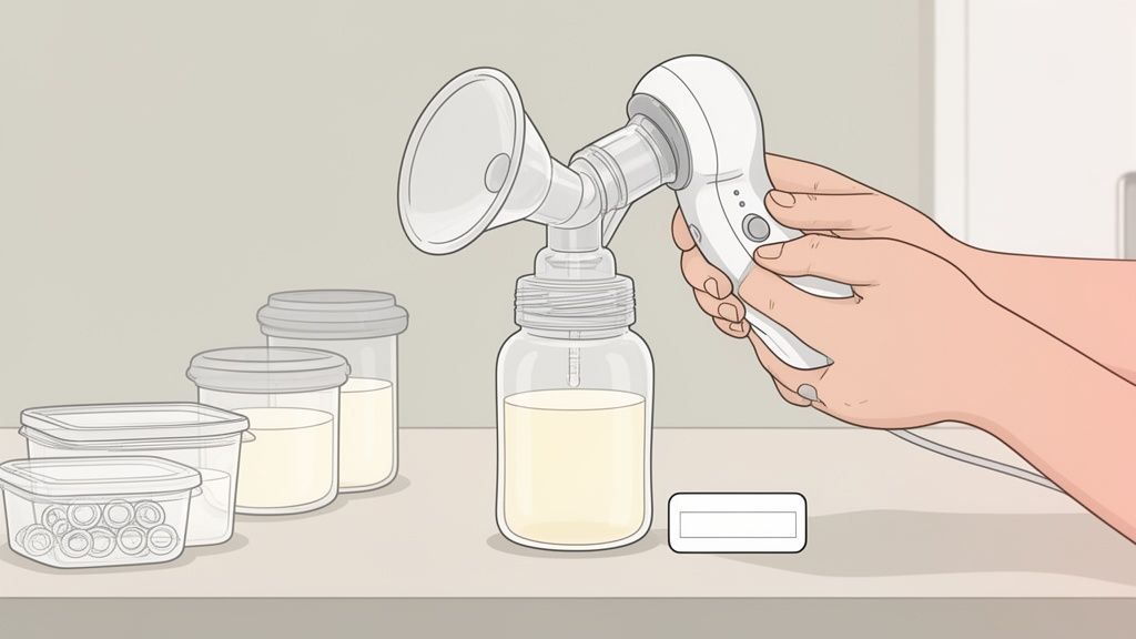 Pessoa segurando uma bomba tira-leite em funcionamento, extraindo leite materno para uma garrafa, com outros recipientes de armazenamento ao lado.