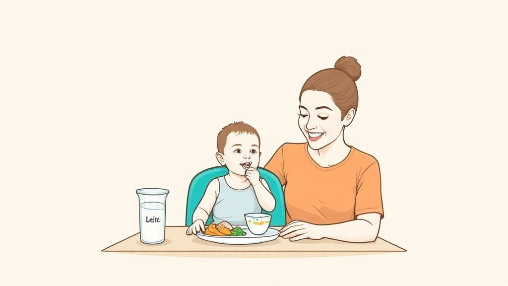 Mãe sorridente e bebê feliz comendo uma refeição saudável em casa, incluindo vegetais e leite.