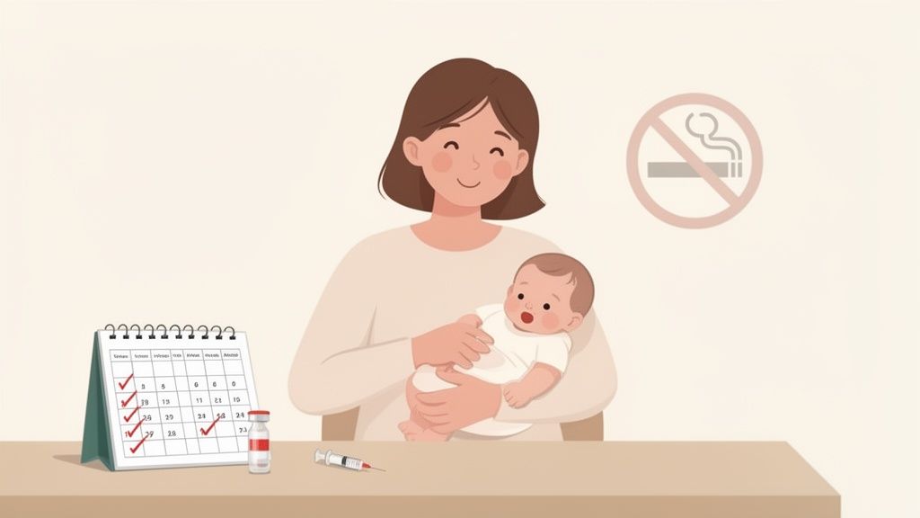 Mãe sorridente segurando um bebê, com calendário de vacinação, seringa e sinal de proibido fumar.