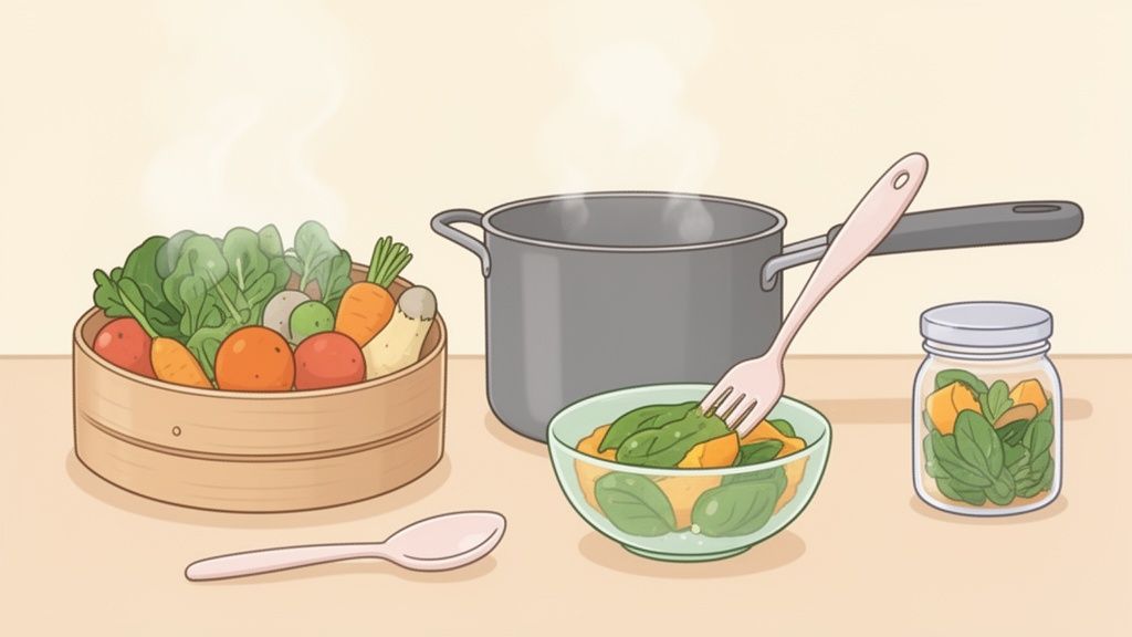 Vegetais frescos sendo cozidos no vapor e preparados para uma refeição saudável de bebê.