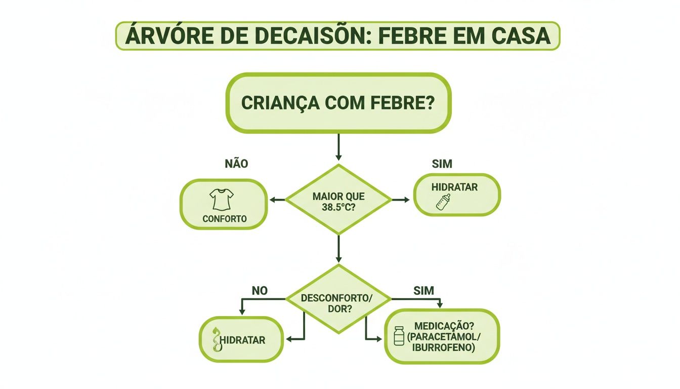 Fluxograma orientando sobre como manejar a febre em crianças em casa, incluindo hidratação, conforto e medicação.