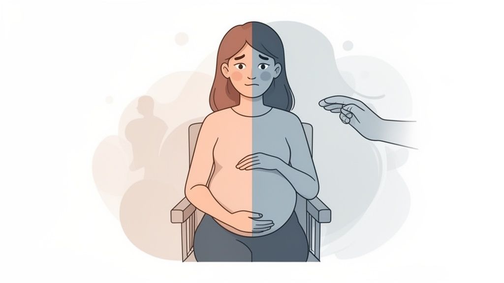 A mulher grávida com metade do rosto feliz e metade triste, representando depressão na gestação.