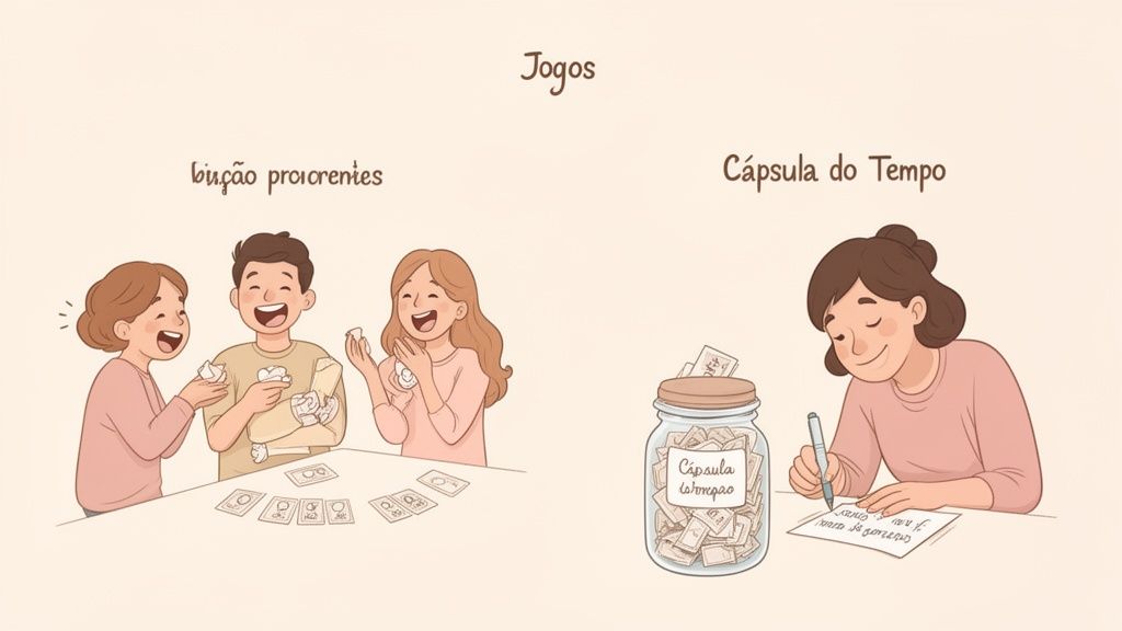 Pessoas felizes jogando um jogo com papéis amassados e uma mulher escrevendo para uma cápsula do tempo.