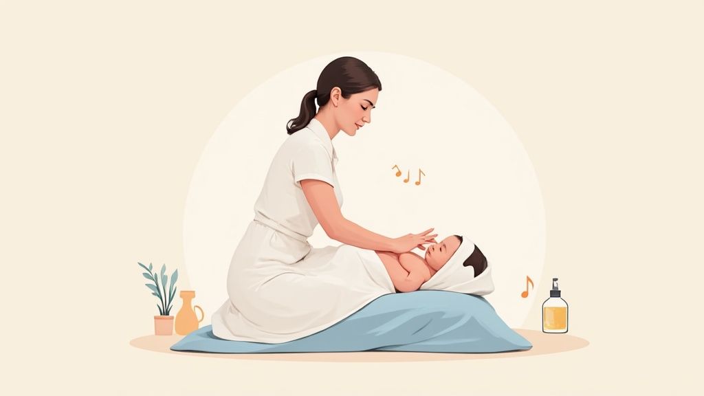 Mãe carinhosamente massageando bebê recém-nascido enrolado em toalha, num momento de cuidado e tranquilidade.