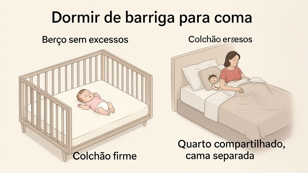 Imagem ilustra recomendações para o sono seguro de bebês: de barriga para cima no berço e quarto compartilhado.