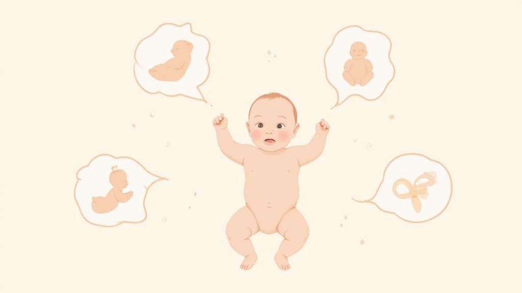 Bebê deitado de costas em fundo creme, cercado por balões de pensamento com bebês em diferentes posições e um laço.