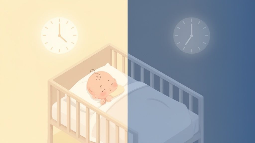 Ilustração de bebê dormindo em berço durante o dia e berço vazio à noite, mostrando a rotina de sono.