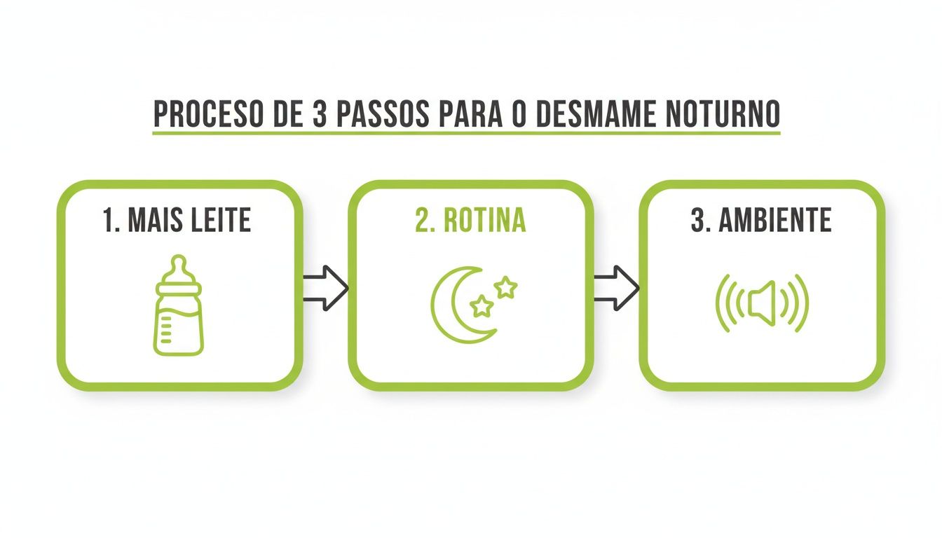 Infográfico que ilustra o processo de 3 passos para o desmame noturno, com foco em mais leite, rotina e ambiente.