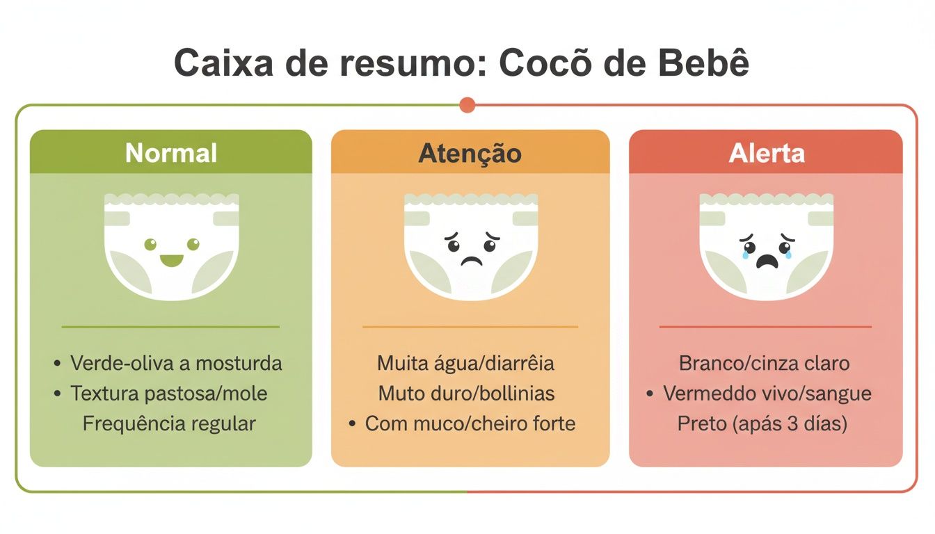 Infográfico sobre cocô de bebê, categorizando-o como Normal, Atenção e Alerta, com descrições detalhadas.
