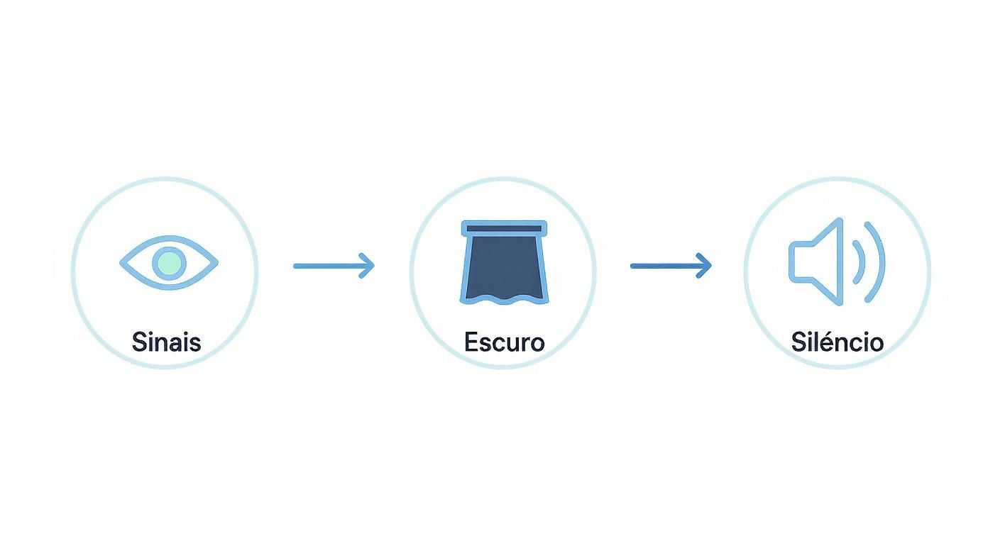Fluxo visual mostrando um olho para sinais, um símbolo de escuro e um alto-falante para silêncio.